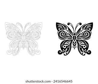 Imagen vectorial en blanco y negro de una mariposa sobre fondo blanco. Estilo zentángulo de mariposa dibujado a mano para el diseño de camisetas o tatuaje.