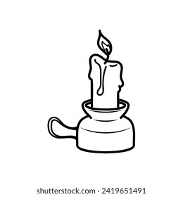 Vector black and white image of a candle and an antique candlestick. Ritual candle. Sticker for Halloween. Black and white graphics.