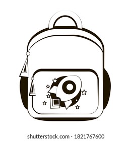 Vector black and white image of a child's backpack, a rocket on a briefcase, an educational bag for a boy, a linear drawing of a backpack with a pocket, an element for design on a school