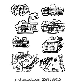 Vector black and white image of a collection of urban social infrastructure buildings on a white isolated background