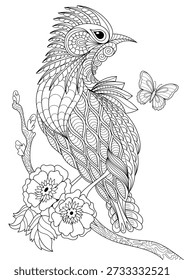 Vector black and white image of a crested titmouse perched on a plum blossom branch, hunting for a butterfly. On a white background. Hand-drawn in zentangle style for coloring.