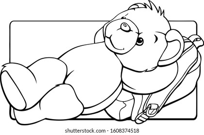 Vector black and white image of cute toy bear lies dreaming on a backpack. Illustration for kids postcard to the end of the school year or coloring book.