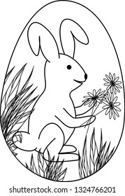 Vector black and white image of an Easter bunny in an egg with a bouquet of flowers. Coloring for kids. Pattern for fabric, wallpaper, pottery.