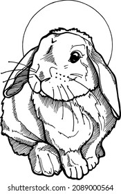 vector black and white image, easter bunny with nib, postcard, congratulations, embroidery, tag