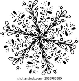 vector black and white image of a fantasy snowflake for winter design, stylized flower with branches in leaves and small berries