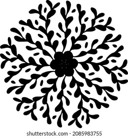 imagen vectorial en blanco y negro fantasía copo de nieve para el diseño invernal, una flor simple estilizada con ramas en las hojas