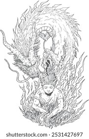 Vector black and white image of a fire dragon and a meditating young man