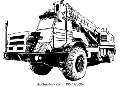 Vector black and white image of an industrial truck crane