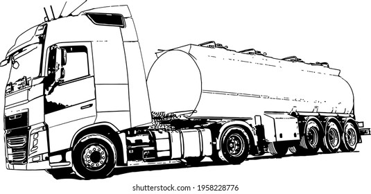 Vector black and white image of industrial truck with trailer for cargo transportation