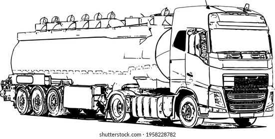 Vector black and white image of industrial truck with trailer for cargo transportation