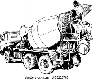 Vector black and white image of an industrial concrete mixer