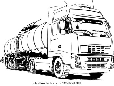 Vector black and white image of industrial truck with trailer for cargo transportation