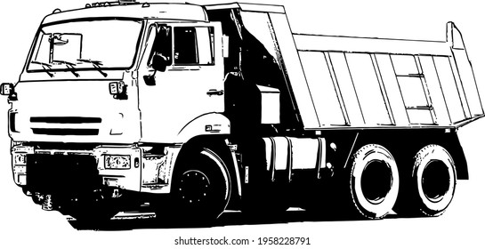 Vector black and white image of industrial truck with trailer for cargo transportation