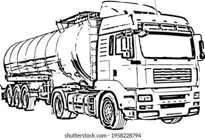 Vector black and white image of industrial truck with trailer for cargo transportation