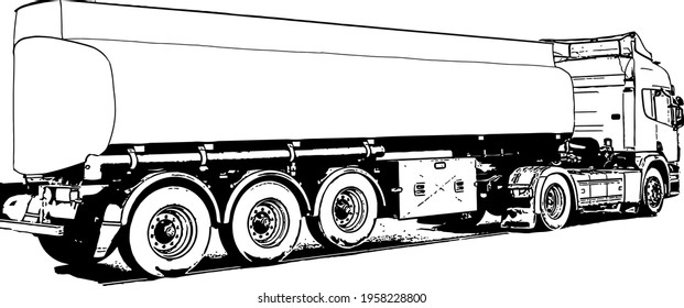 Vector black and white image of industrial truck with trailer for cargo transportation