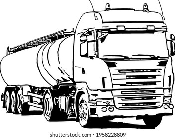 Vector black and white image of industrial truck with trailer for cargo transportation