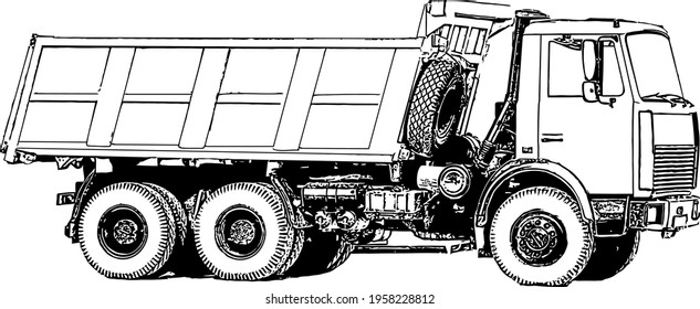 Vector black and white image of industrial truck with trailer for cargo transportation