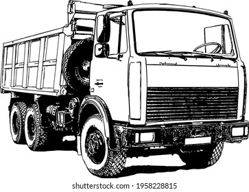 Vector black and white image of industrial truck with trailer for cargo transportation