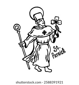 
Vector black and white image of Irish missionary, bishop, apostle of Ireland - Saint Patrick with shamrock, halo and staff on white isolated background.