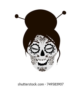 Vector black and white image of Japanese skull woman with painted face.