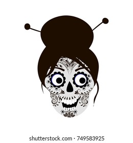 Vector black and white image of Japanese skull woman with painted face.