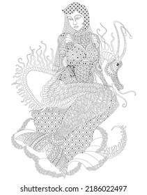 Vector black and white image of a Mermaid and a dragon of the seas. Hand drawn zentangle style for t-shirt or tattoo design. antistress coloring book.