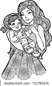 vector black and white image of a mother with a little girl. beautiful illustration - antistress with floral ornament