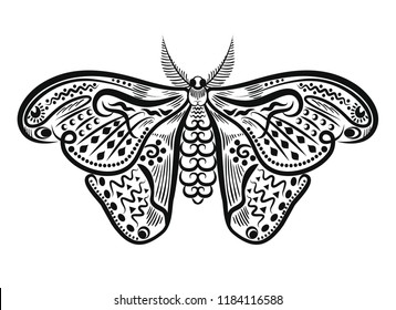 Vector black and white image of a night butterfly decorated with ornaments