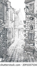 vector black and white image of an old street in Provence
