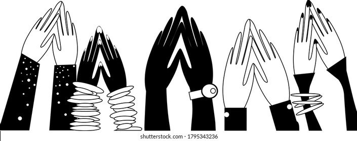 Vector black and white image. Outstretched arms folded in the shape of a heart. Human hands of different ages, genders and races. The idea of ​​unity and love.