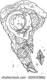 Vektorschwarz-weißes Bild von Pizza mit Pilzen, Tomaten, Zwiebeln, Gewürzen, Paprika für die Menüdekoration, für die Färbung, Skizze. Illustrationsbeispiele für Pizza für Kunsttherapie, Färbung, für Grün