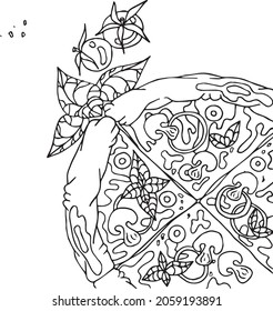 Vector black and white image of pizza with mushrooms, tomatoes, onions, spices, peppers for menu decoration, for coloring, sketch. Illustration examples of pizza for art therapy, coloring, for greetin