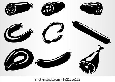 Vector black and white image of sausage, sausages, meat, etc. Set of nine meat products. Vector illustration.