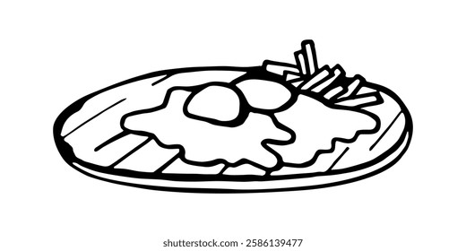 Vector black and white image of serving fried scrambled eggs with french fries on a wooden kitchen board