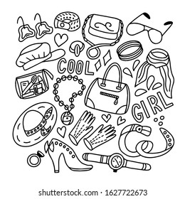 Vector black and white image of a set of female accessories in doodle style. For the design of wrapping paper, prints for phone cases and notebooks.