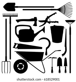 Vector black and white image of a set of garden tools