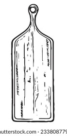 vector black and white image in sketch style of a wooden cutting board for the kitchen