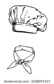 vector black and white image in sketch style of a chef's hat and scarf for a chef