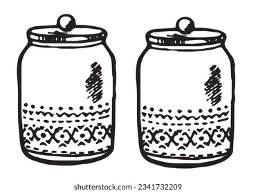 vector black and white image in sketch style set of storage jars for kitchen life