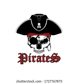 Vector black and white image of a skull in a hat of a pirate captain. Logo image on a white background.
