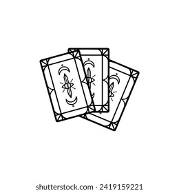 Vector black and white image of tarot cards. Card reading. Halloween sticker. Black and white graphics.