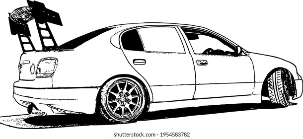 Vector black and white image of tuned racing cars for street racing and drift