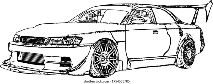 Vector black and white image of tuned racing cars for street racing and drift