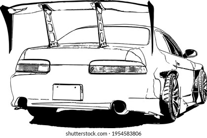 Vector black and white image of tuned racing cars for street racing and drift
