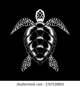 Vector black and white image of a turtle. Image on a black background.
