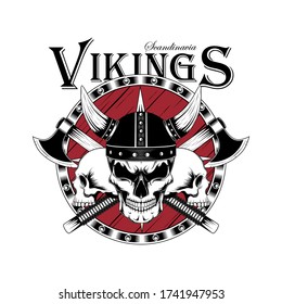 Imagen vectorial en blanco y negro de calaveras vivas con un escudo y ejes. Imagen de fondo blanco.