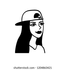 Vector black and white image of a young woman in hip hop cap. Vector illustration sketch girl portrait