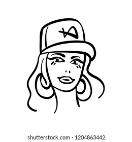 Vector black and white image of a young woman RnB style blonde with big round earrings and cap. Sketch vector illustration girl face