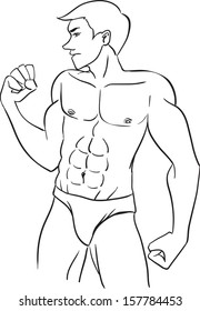 Vector black and white image with the young brawny athletic guy in pants. Subjects are sports, athletes, athletes, bodybuilding 
