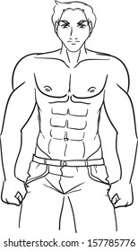 Vector the black and white image with the young brawny sports guy in jeans with a naked breast. Subjects are bodybuilders, athletes, weightlifting, bodybuilding 